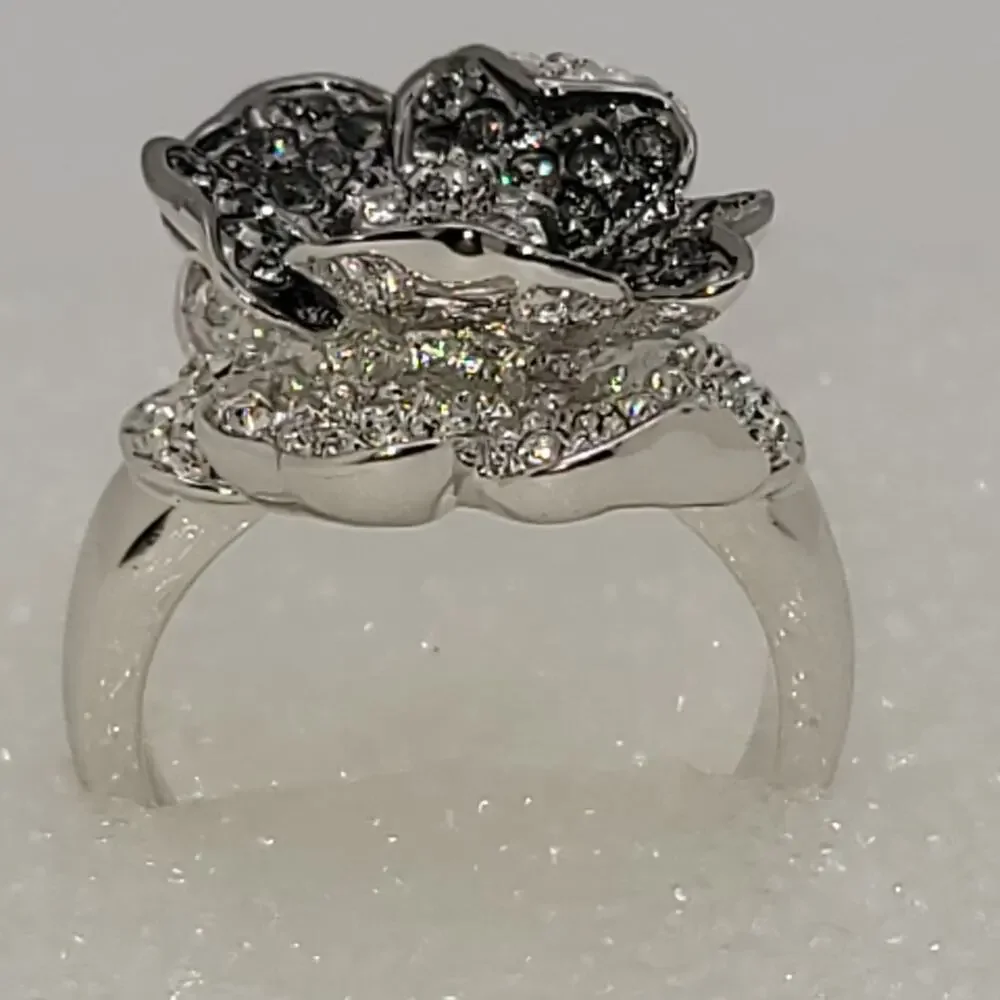Vintage Nolan Miller Black & Clear Pave Crystal Flower Ring